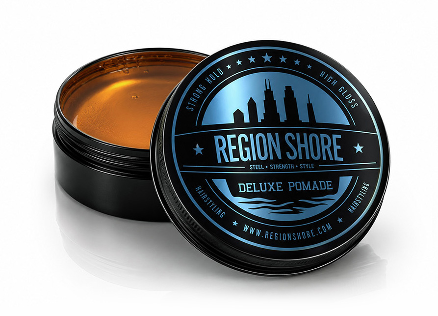 Region Shore Deluxe Pomade tin beside an open jar